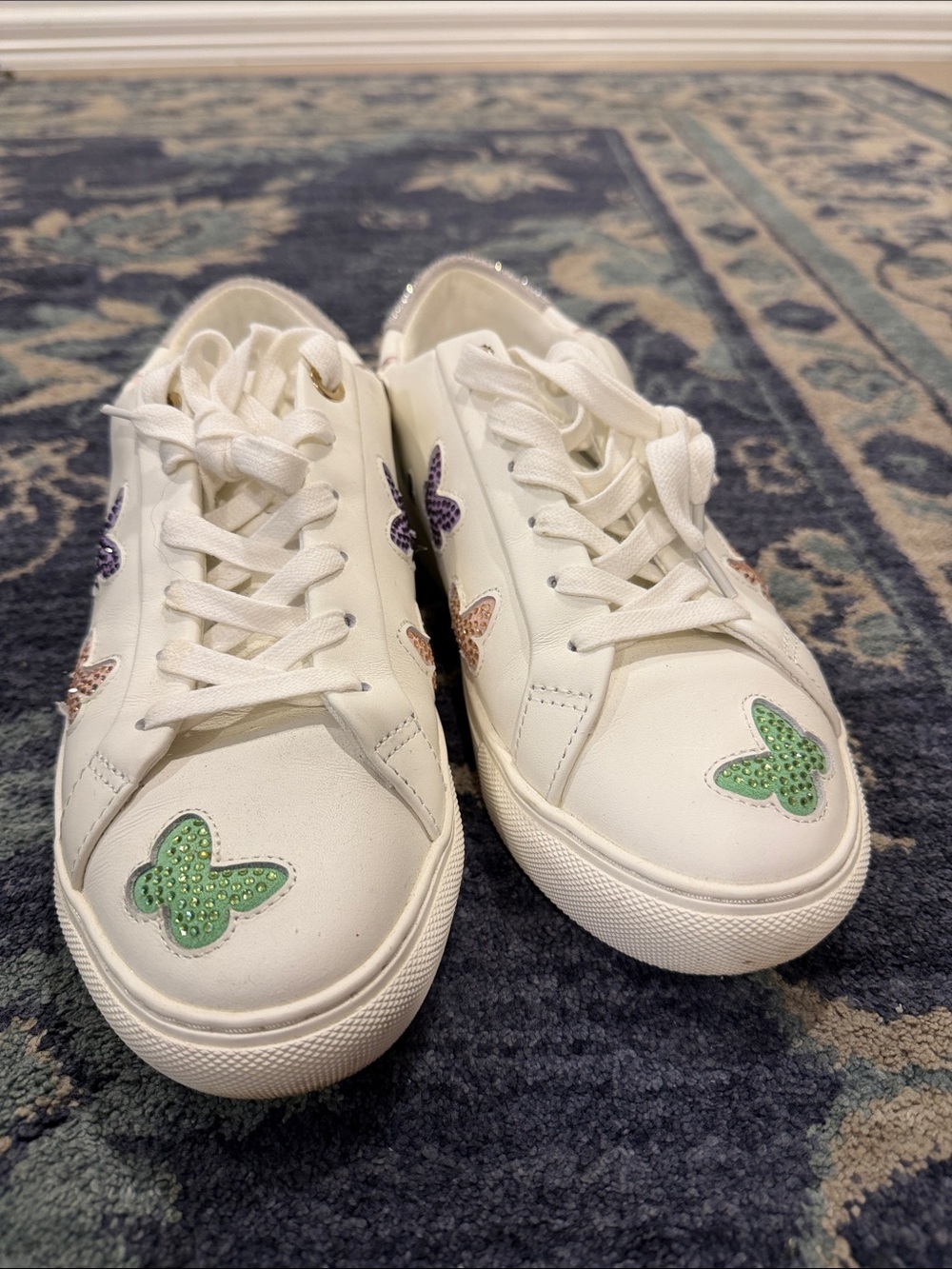 Kurt Geiger White Sneakers with Green, Purple & Pink Butterfly Accents